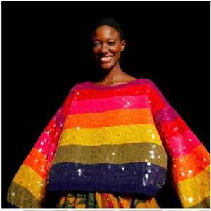 Farm Rio Rainbow Striped Sequined Sweater